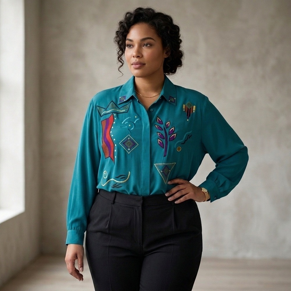 Regina Porter Womens Blouse Vintage 100% Silk Teal Abstract Embroidered Size 1X